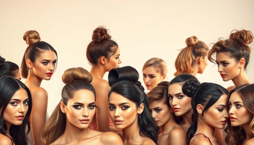 A vibrant and stylish assortment of contemporary hairstyles, showcasing the latest trends in women's everyday haircare. The foreground features a diverse array of models with sleek, volumized, and textured tresses, each styled with precision and elegance. The middle ground presents a visually engaging mix of sophisticated updos, messy buns, and effortless waves, while the background offers a minimalist, light-filled studio setting that highlights the natural beauty of the hair. Soft, diffused lighting casts a warm, inviting glow, accentuating the lustrous shine and dimensional qualities of the models' locks. The overall composition exudes a sense of modern, relatable, and accessible hair inspiration for the everyday woman. A vibrant and stylish assortment of contemporary hairstyles, showcasing the latest trends in women's everyday haircare. The foreground features a diverse array of models with sleek, volumized, and textured tresses, each styled with precision and elegance. The middle ground presents a visually engaging mix of sophisticated updos, messy buns, and effortless waves, while the background offers a minimalist, light-filled studio setting that highlights the natural beauty of the hair. Soft, diffused lighting casts a warm, inviting glow, accentuating the lustrous shine and dimensional qualities of the models' locks. The overall composition exudes a sense of modern, relatable, and accessible hair inspiration for the everyday woman.