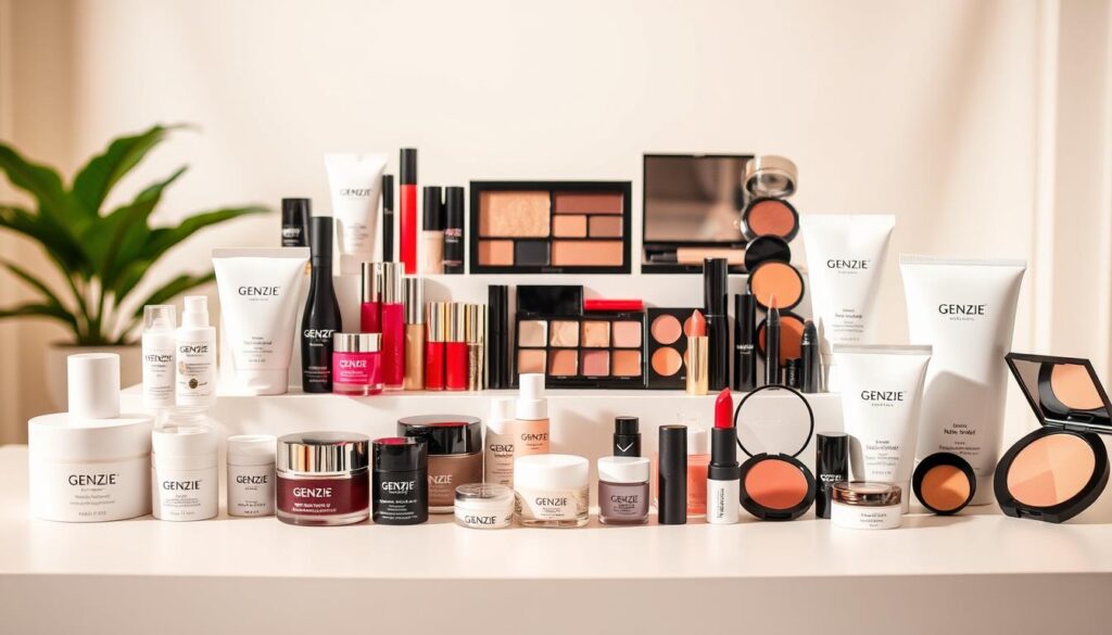 A well-lit and neatly arranged display of Genzie cosmetic products. In the foreground, a variety of skincare items such as moisturizers, serums, and face masks are showcased on a minimalist, white background. The middle ground features makeup products like lipsticks, eyeshadow palettes, and blush compacts, arranged in a visually appealing, symmetrical layout. In the background, a soft, out-of-focus backdrop suggests a clean, modern setting, adding to the overall premium and high-quality aesthetic. The lighting is warm and diffused, creating a sense of depth and highlighting the textures and colors of the products. The composition is balanced and visually striking, showcasing the diverse range of Genzie's cosmetic offerings. A well-lit and neatly arranged display of Genzie cosmetic products. In the foreground, a variety of skincare items such as moisturizers, serums, and face masks are showcased on a minimalist, white background. The middle ground features makeup products like lipsticks, eyeshadow palettes, and blush compacts, arranged in a visually appealing, symmetrical layout. In the background, a soft, out-of-focus backdrop suggests a clean, modern setting, adding to the overall premium and high-quality aesthetic. The lighting is warm and diffused, creating a sense of depth and highlighting the textures and colors of the products. The composition is balanced and visually striking, showcasing the diverse range of Genzie's cosmetic offerings.