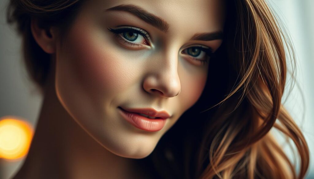 A well-lit, high-quality close-up shot of a woman's face, showcasing the delicate interplay between her hairstyle and the natural contours of her features. The image focuses on the seamless integration of the hairstyle, highlighting how it flatters and enhances the shape of her face. The lighting is soft and diffused, creating a warm, inviting atmosphere that emphasizes the subject's natural beauty. The background is subtly blurred, keeping the attention on the harmonious fusion of the hairstyle and facial structure. The overall composition and attention to detail convey a sense of elegance and sophistication, perfectly suited for the section on selecting the ideal hairstyle for one's face shape and hair type.