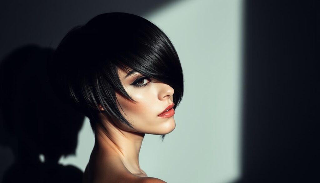 An asymmetrical haircut with sharp, defined angles and layers that create a slimming, sculpted effect on a round face. The hair is dark and glossy, with a deep side part and subtle highlights that catch the light. The model is positioned at a slight angle, creating a dynamic, editorial-inspired composition. Dramatic, moody lighting casts dramatic shadows, further accentuating the contours of the haircut. The background is a simple, neutral palette that allows the focus to remain on the striking hairstyle.