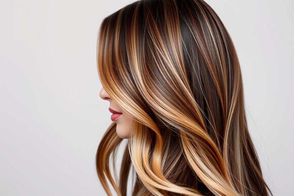Brunetka z balayage w ciepłych odcieniach blondu Brunetka z balayage w ciepłych odcieniach blondu