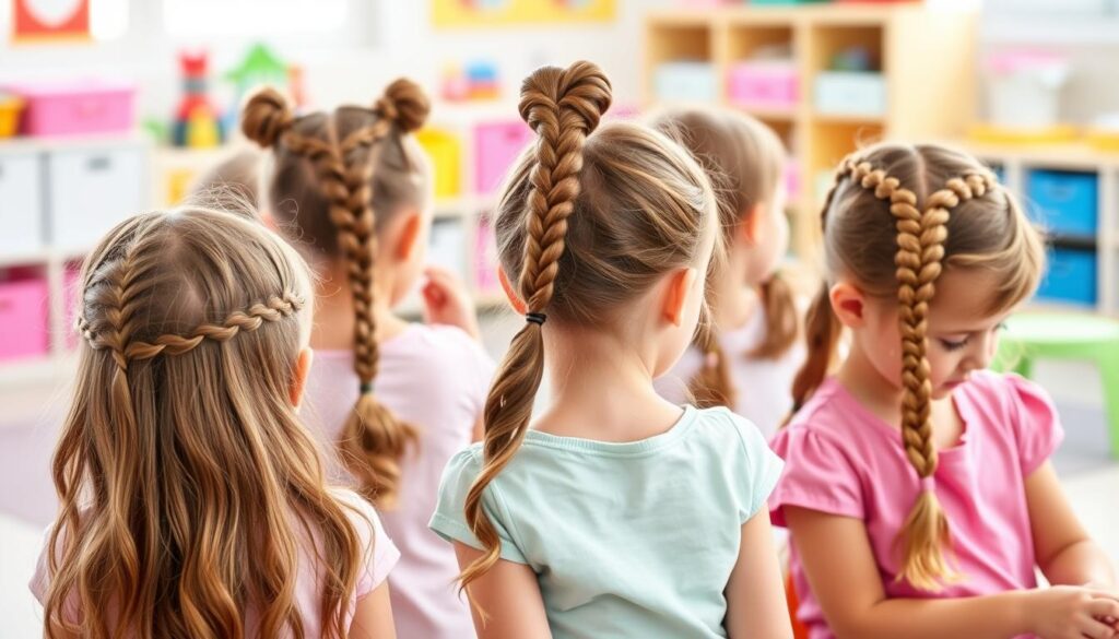 Dziewczynki w przedszkolu z różnymi fryzurami na cieniowanych włosach
