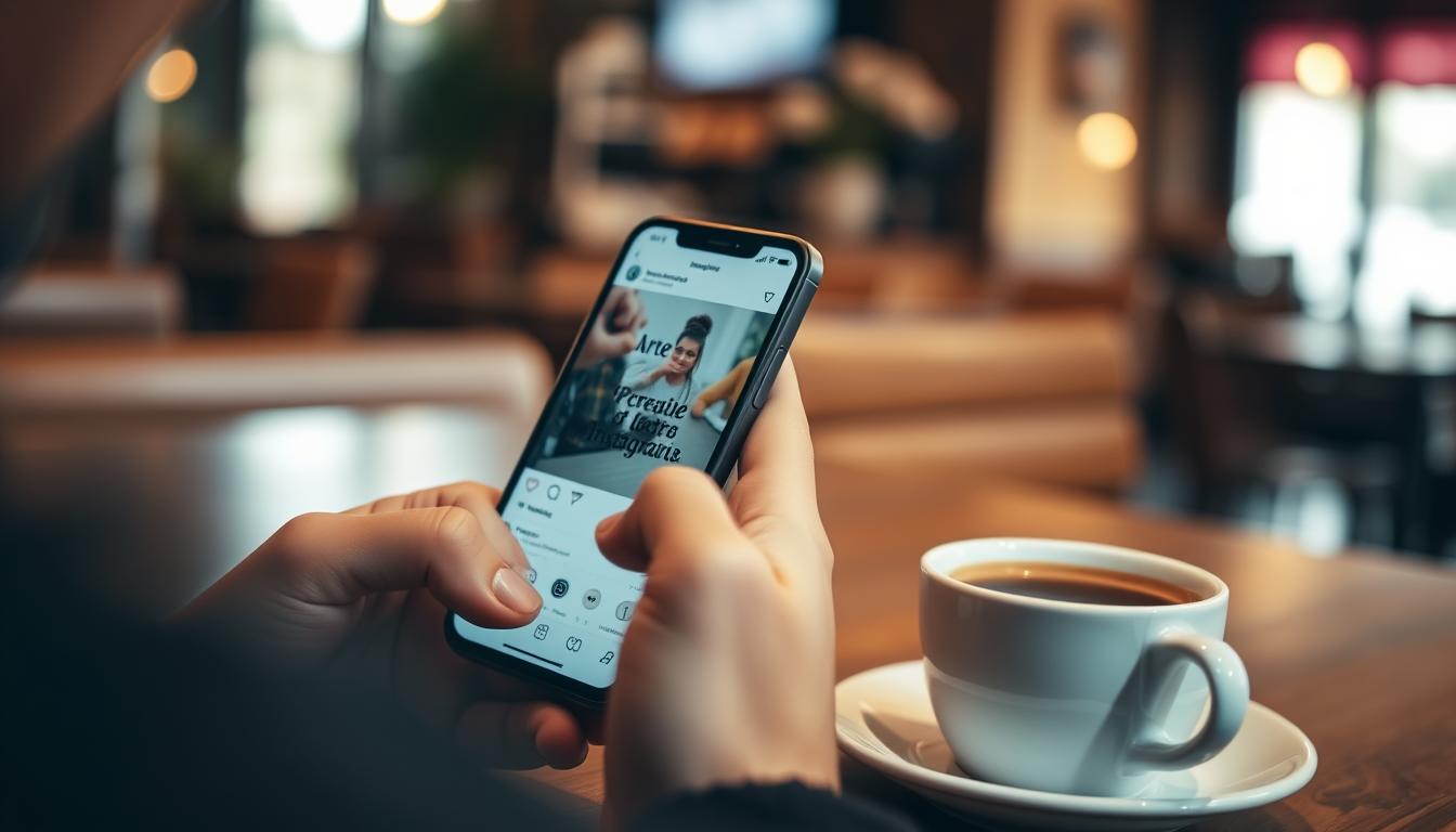 Osoba pisząca kreatywny opis do zdjęcia na telefonie z widocznym Instagramem