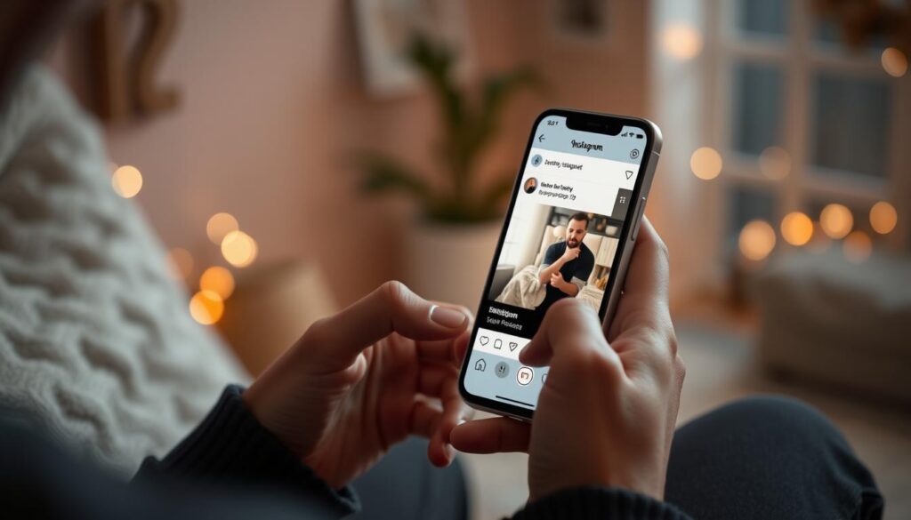 Osoba przeglądająca Instagram na telefonie, wybierająca opis do zdjęcia Osoba przeglądająca Instagram na telefonie, wybierająca opis do zdjęcia