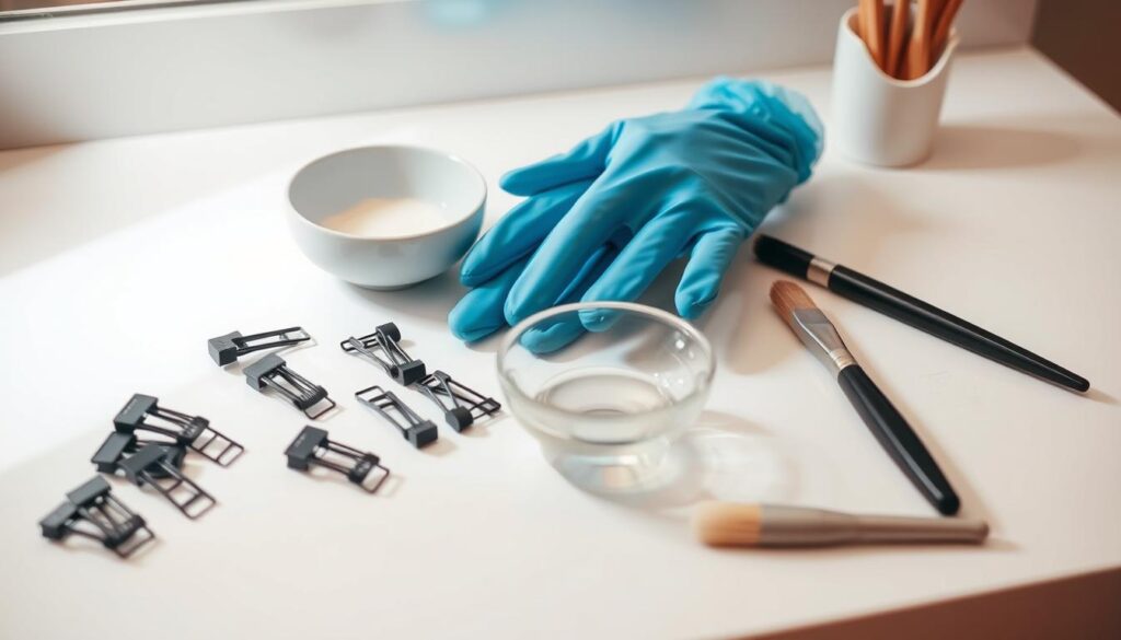 Preparing for hair lightening: a meticulous setup on a clean, well-lit vanity. Neatly arranged tools - hair clips, gloves, a bowl of lightening agent, and a tinting brush, conveying a sense of care and attention to detail. The background features a soothing, neutral color palette, creating a serene and focused atmosphere. Soft, directional lighting casts gentle shadows, emphasizing the importance of the task at hand. The overall composition suggests a methodical, professional approach to the hair lightening process, reflecting the "Bezpieczeństwo i przygotowanie przed zabiegiem" section of the article.