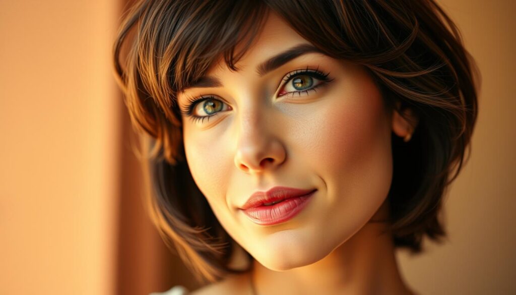 a close-up portrait of a stylish, youthful-looking woman with short, flattering hairstyle, lit by warm, natural lighting and shot at a slightly upward angle to create a flattering, rejuvenating effect. Her hair features a layered, textured cut that frames her face beautifully, accentuating her features. The image has a soft, glowing quality, with a shallow depth of field that keeps the focus on her face and hairstyle. The overall mood is vibrant, confident, and visually striking, perfectly capturing the essence of how a well-chosen short haircut can create a more youthful, refreshed appearance. Krótka fryzura z warstwami