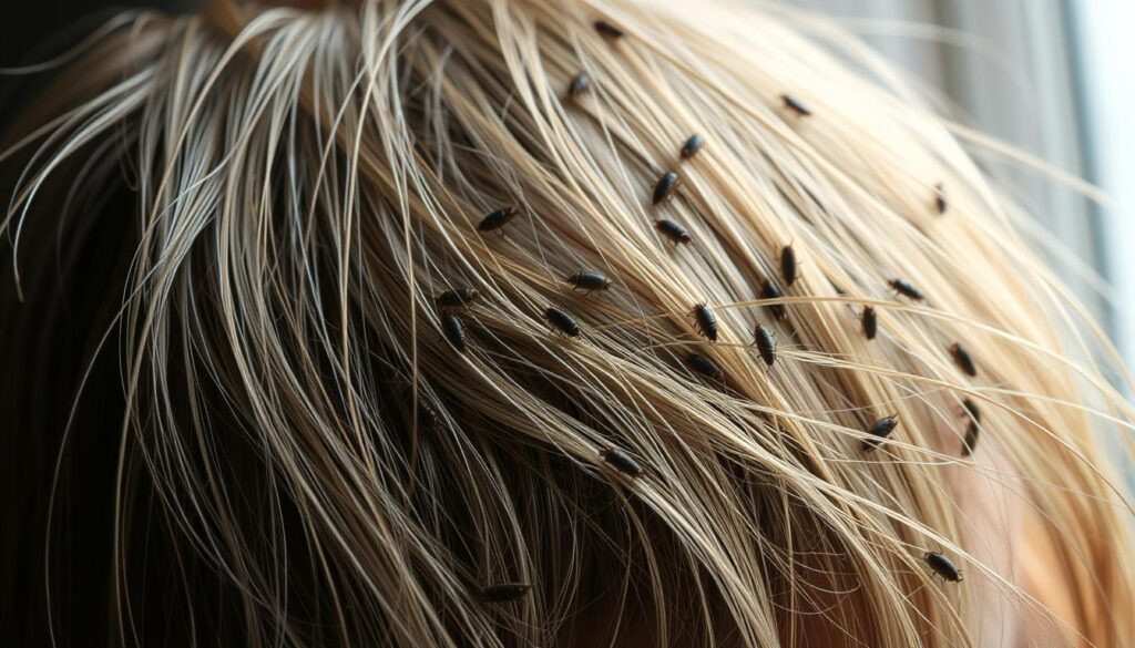 a close-up shot of a human head with long, tangled hair, showcasing the presence of lice or "wszy" crawling through the strands. The image should be captured with a high-resolution camera, using natural lighting from a window or a soft, diffused light source to create a realistic and detailed representation. The focus should be on the intricate textures and movements of the lice, with the head filling the majority of the frame. The overall tone should convey a sense of discomfort and the need for effective treatment, aligning with the article's subject matter of "Czy prostownica zabija wszy? Skuteczna walka z wszyami."