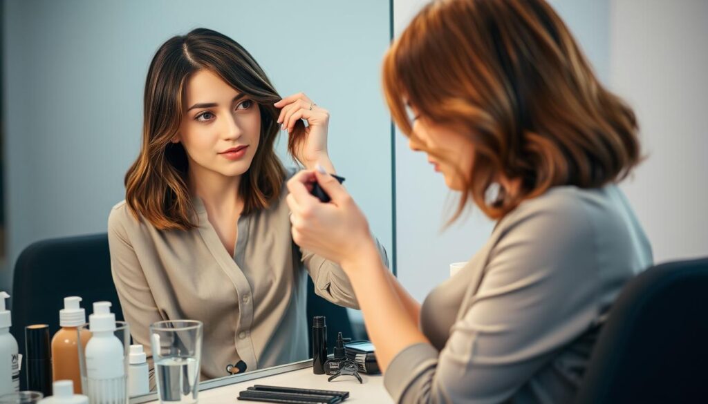 a professional woman with medium-length brown hair, sitting at a vanity mirror, preparing her hair for color application. Soft, warm lighting illuminates her face as she carefully sections and clips back her hair, ready to apply a toning or coloring treatment. The vanity is neatly organized with various hair care products, tools, and a glass of water nearby. The background is blurred, creating a tranquil, salon-like atmosphere, allowing the viewer to focus on the woman's attentive hair preparation process.