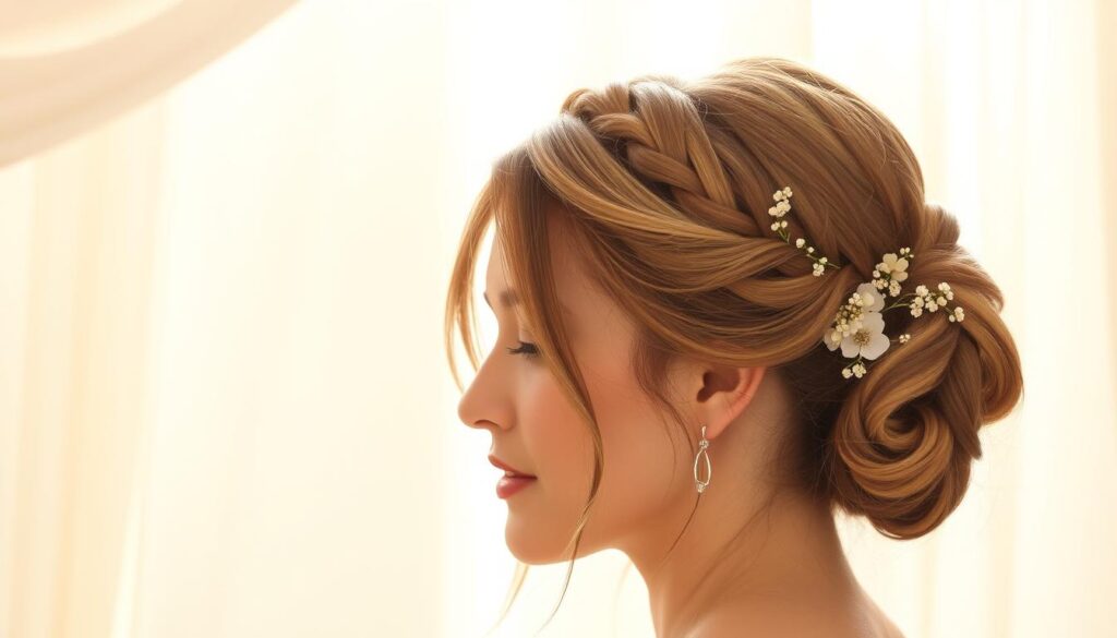 a sophisticated and stylish wedding hairstyle featuring intricate braids, delicate floral accents, and a sleek, modern silhouette, set against a softly lit, airy background with a touch of natural elegance. The model's expression conveys a sense of timeless, effortless beauty, perfectly complementing the refined and trendy hairdo. The lighting is warm and diffused, creating a glowing, ethereal atmosphere that evokes the romance and charm of a 2025 wedding celebration.