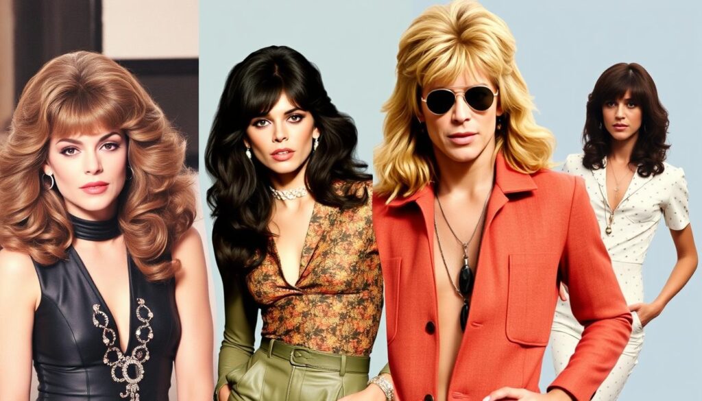Kolaż przedstawiający ikony stylu lat 70 - Jane Fonda, Bianca Jagger, David Bowie i Donna Summer Kolaż przedstawiający ikony stylu lat 70 - Jane Fonda, Bianca Jagger, David Bowie i Donna Summer