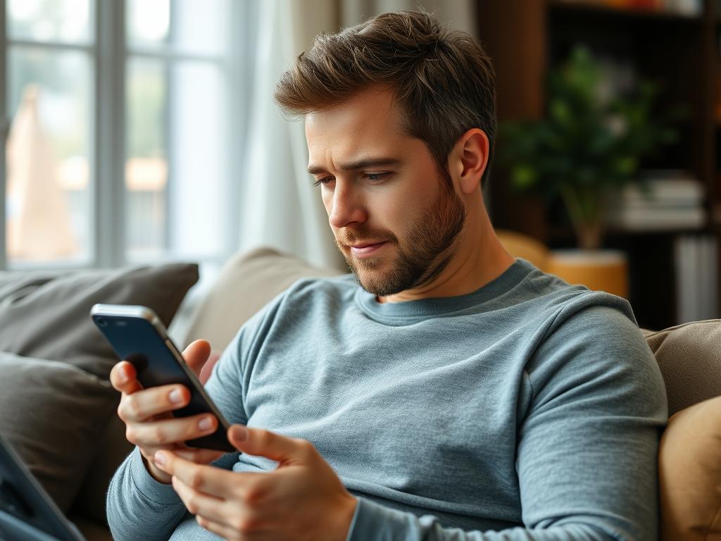 Mężczyzna piszący wiadomość na telefonie, zastanawiający się jak zagadać do dziewczyny przez teksty
