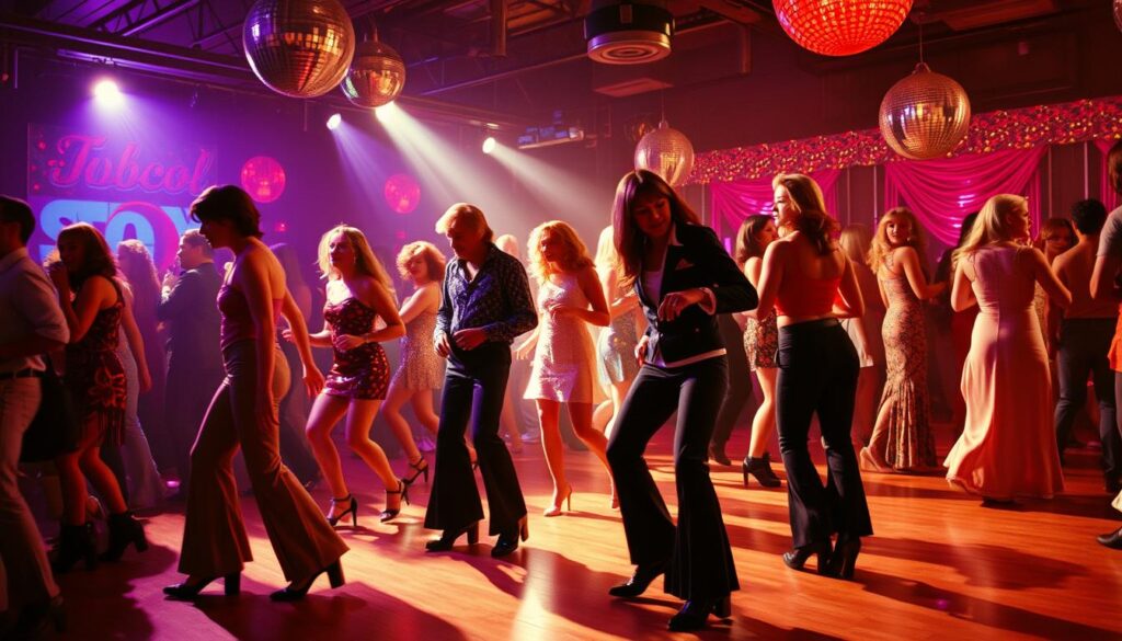 Scena z klubu disco lat 70 - ludzie tańczący w charakterystycznych strojach z epoki Scena z klubu disco lat 70 - ludzie tańczący w charakterystycznych strojach z epoki