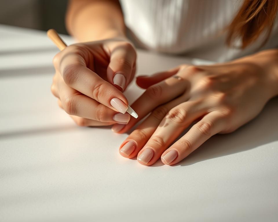 A close-up shot of a woman's hands meticulously removing gel nail polish in a well-lit home setting. The nails are partially chipped, and the fingers are gently grasping a wooden stick or cuticle pusher. The background is a neutral, minimalist surface, allowing the hands to be the focal point. The lighting is soft and diffused, casting gentle shadows and highlighting the textures of the skin and nails. The overall mood is one of concentration and attention to detail, reflecting the careful process of cleaning and preparing the nails for their next treatment.