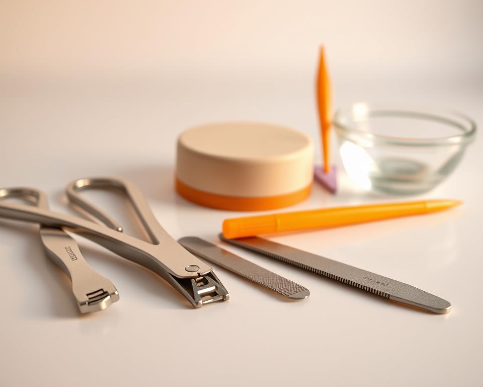 A collection of high-quality nail care tools for removing gel polish, arranged neatly on a clean, well-lit surface. In the foreground, precision nail clippers, a cuticle pusher, and a metal file glimmer under warm studio lighting. The middle ground features a gel removal buffer and an orange stick, while in the background, a pair of tweezers and a small glass bowl stand ready for use. The overall mood is one of professionalism and attention to detail, perfectly suited for a tutorial on proper gel nail cleanup.
