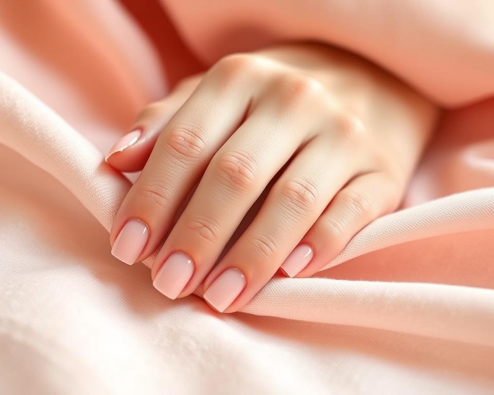 A serene close-up view of freshly manicured gel nails on a woman's hand, resting against a soft, pastel-colored fabric background. The nails are clean, buffed, and gleaming, with a subtle, natural-looking polish. The lighting is soft and diffused, creating a calming, spa-like atmosphere. The composition emphasizes the delicate curves and details of the nails, inviting the viewer to appreciate the care and attention given to their post-cleaning maintenance. The image conveys a sense of relaxation and the importance of proper nail care following the removal of gel polish.