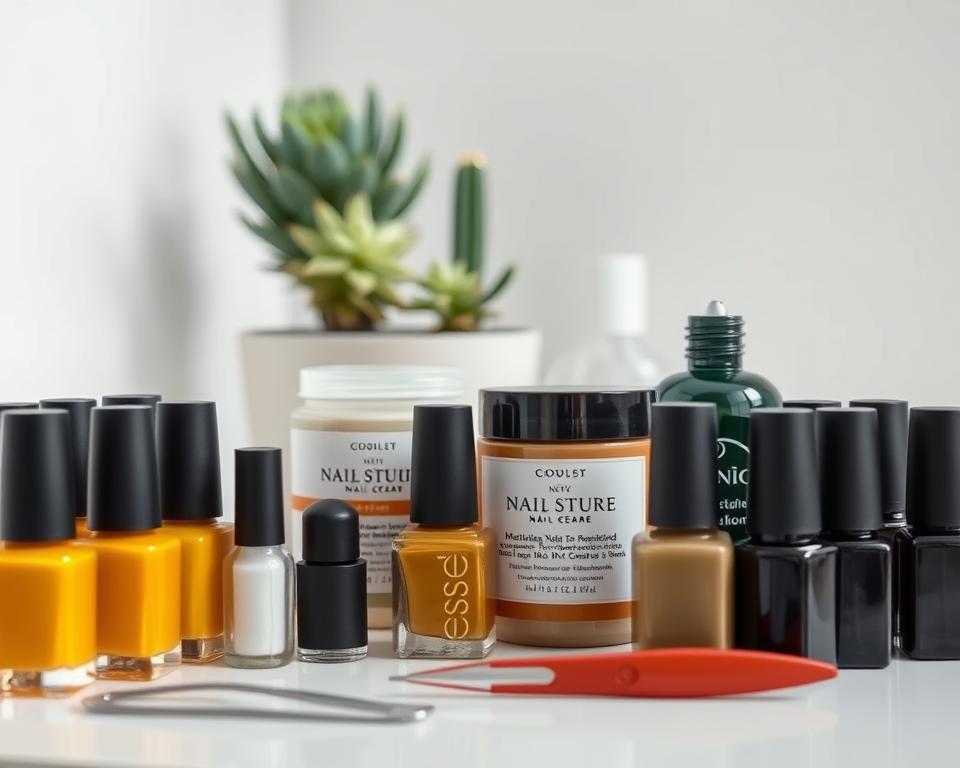 A well-lit, close-up photograph of an assortment of high-quality manicure and nail care products on a clean, minimalist surface. In the foreground, an array of nail polish bottles in various shades of mustard and black, along with a nail file, cuticle pusher, and other essential tools. The middle ground features a jar of moisturizing nail cream and a bottle of strengthening nail polish. The background showcases a few potted succulents, creating a serene, natural atmosphere. The lighting is soft and diffused, highlighting the textures and colors of the products. The overall mood is one of sophistication, care, and attention to detail, reflecting the section title "Produkt, który ochroni Twoje paznokcie". A well-lit, close-up photograph of an assortment of high-quality manicure and nail care products on a clean, minimalist surface. In the foreground, an array of nail polish bottles in various shades of mustard and black, along with a nail file, cuticle pusher, and other essential tools. The middle ground features a jar of moisturizing nail cream and a bottle of strengthening nail polish. The background showcases a few potted succulents, creating a serene, natural atmosphere. The lighting is soft and diffused, highlighting the textures and colors of the products. The overall mood is one of sophistication, care, and attention to detail, reflecting the section title "Produkt, który ochroni Twoje paznokcie".