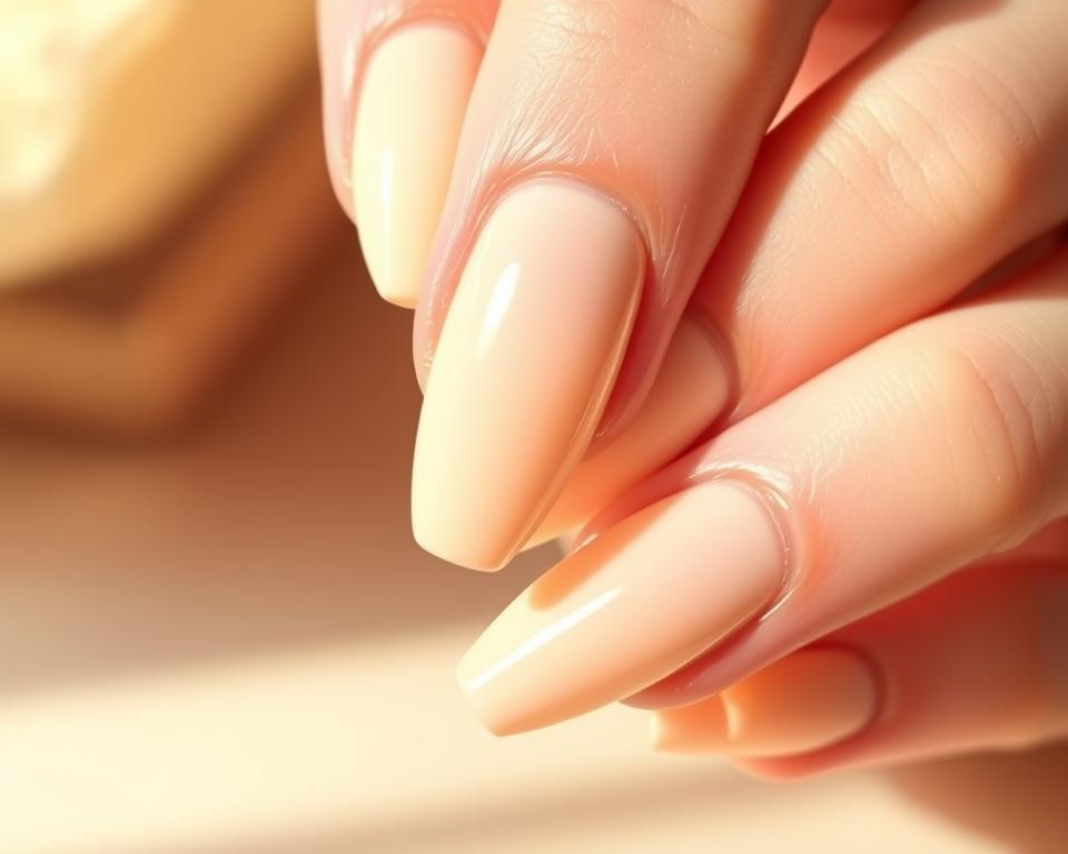 A beautifully manicured set of nails in soft, creamy hues, gently illuminated by warm, diffused lighting. The nails are shaped into a flattering, rounded oval form, with a subtle sheen that catches the light. The overall aesthetic is one of understated elegance, evoking a sense of refined sophistication. The nails are set against a clean, minimalist background, allowing the delicate tones and textures to take center stage. This image perfectly captures the latest trends in cream-colored nail designs, showcasing the timeless appeal of this versatile and on-trend look.