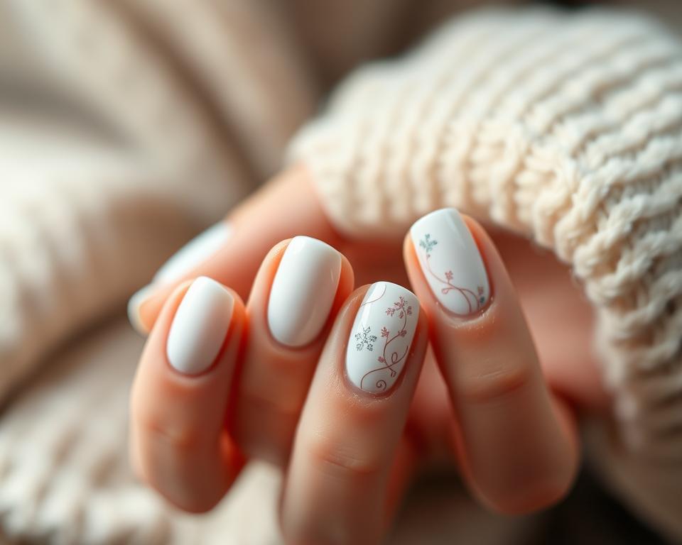 A close-up of elegantly manicured nails, the base painted in a soft, gleaming white. Delicate, intricate patterns flow across the nail surfaces, created with precise, careful brushstrokes. The designs feature a mixture of abstract swirls, minimal geometric shapes, and delicate floral motifs, all rendered in a pristine, snowy palette that captures the essence of a winter wonderland. Soft, diffused lighting illuminates the nails, creating a sense of depth and dimension. The composition places the hands in the foreground, drawing the viewer's eye to the exquisite, artful details of the nail art. An atmosphere of refinement, sophistication, and understated beauty pervades the scene.