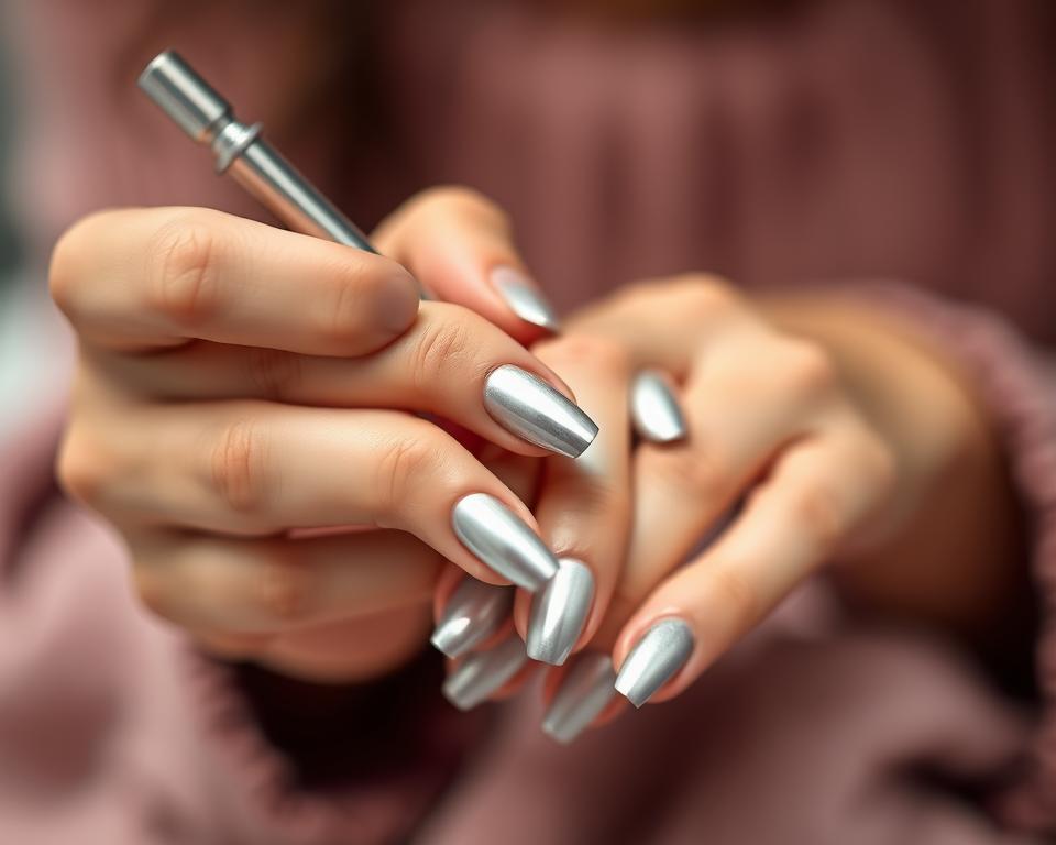A close-up shot of a female's hands carefully applying a silver hybrid nail polish. The nails are meticulously groomed, with a glossy, mirror-like finish. The lighting is soft and diffused, creating a serene, spa-like atmosphere. The background is slightly blurred, allowing the focus to remain on the detailed manicure process. The model's hands are positioned in a natural, elegant manner, showcasing the application technique and the final, polished result. The overall composition emphasizes the precision and care required for maintaining a stunning silver hybrid manicure.