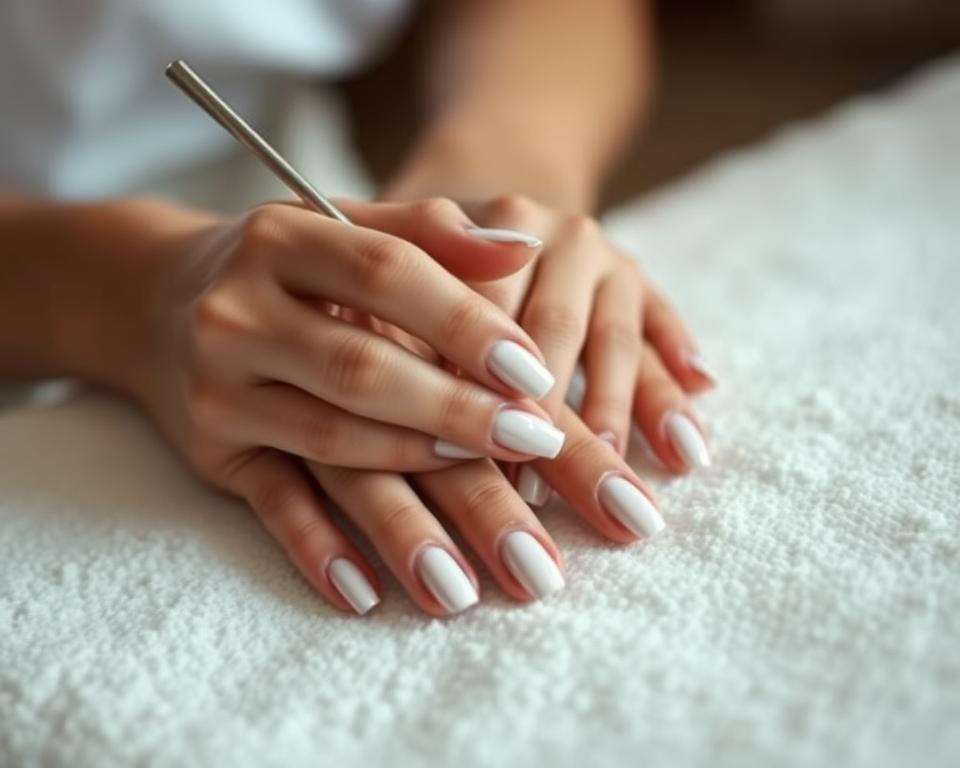 A close-up shot of a woman's hands, delicately manicuring her pristine white nails. The cuticles are carefully groomed, the nail beds perfectly shaped, and a soft, ethereal light illuminates the scene, creating a serene, spa-like atmosphere. The background is blurred, allowing the focus to remain solely on the meticulous nail care process. The image conveys a sense of calm, indulgence, and attention to detail, perfectly capturing the essence of "how to care for white nails".