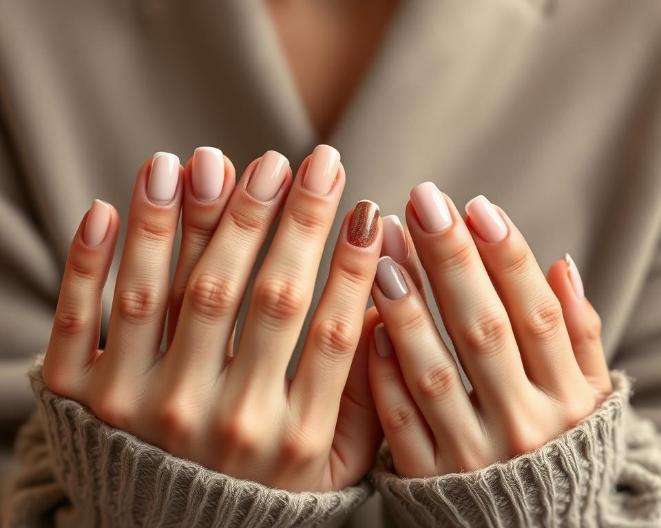 A close-up shot of elegant manicured hands showcasing a variety of stylish nail designs, each tailored to complement the unique shape and contours of the fingers. Soft, natural lighting illuminates the intricate details, emphasizing the seamless integration between the nail art and the hand's curvature. Muted, earthy tones create a sophisticated, organic ambiance, highlighting the versatility of the nail styles. The composition focuses on the hands, capturing the harmonious relationship between the nail shapes and the hand's structure, demonstrating how customized nail art can flatter and elongate the fingers.