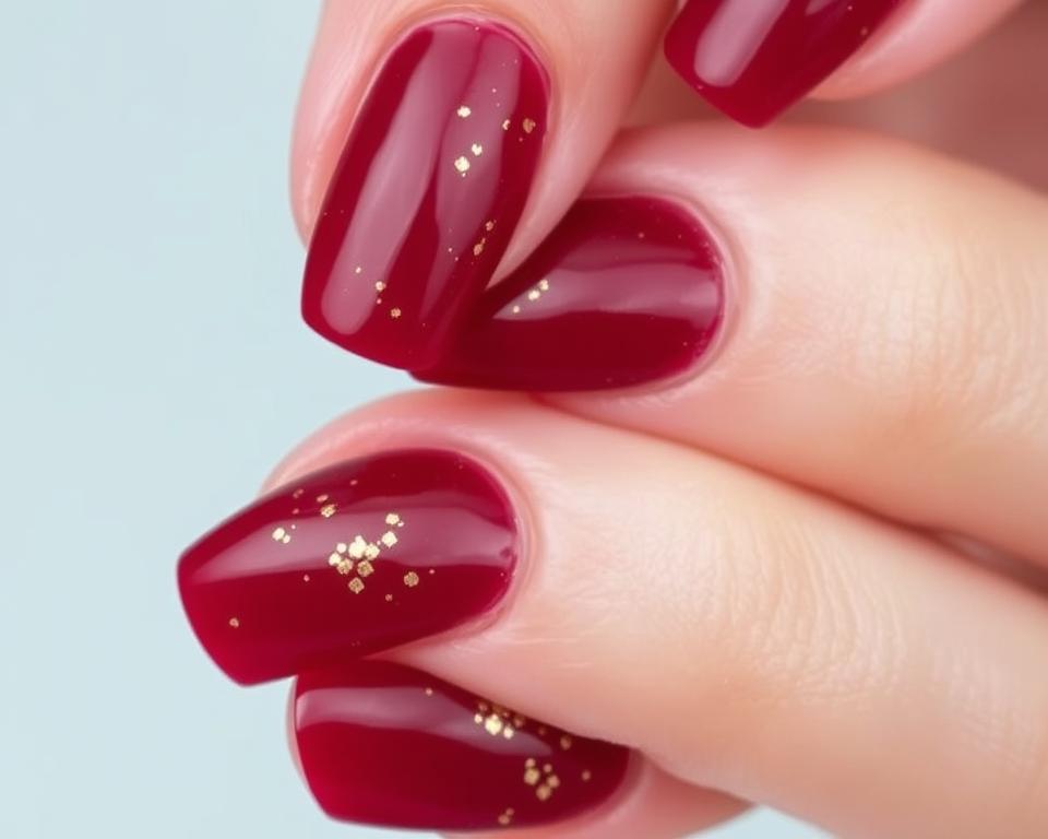 A close-up shot of intricately manicured hybrid nails in a deep, rich raspberry color. The nails are meticulously shaped, with a glossy, gel-like finish. Delicate flecks of shimmering gold glitter are strategically placed, creating a captivating contrast against the vibrant base. The lighting is soft and diffused, highlighting the depth and texture of the manicure. The nails are presented against a clean, minimalist background, allowing the craftsmanship to take center stage. The overall effect is elegant, sophisticated, and perfectly suited for a special occasion.