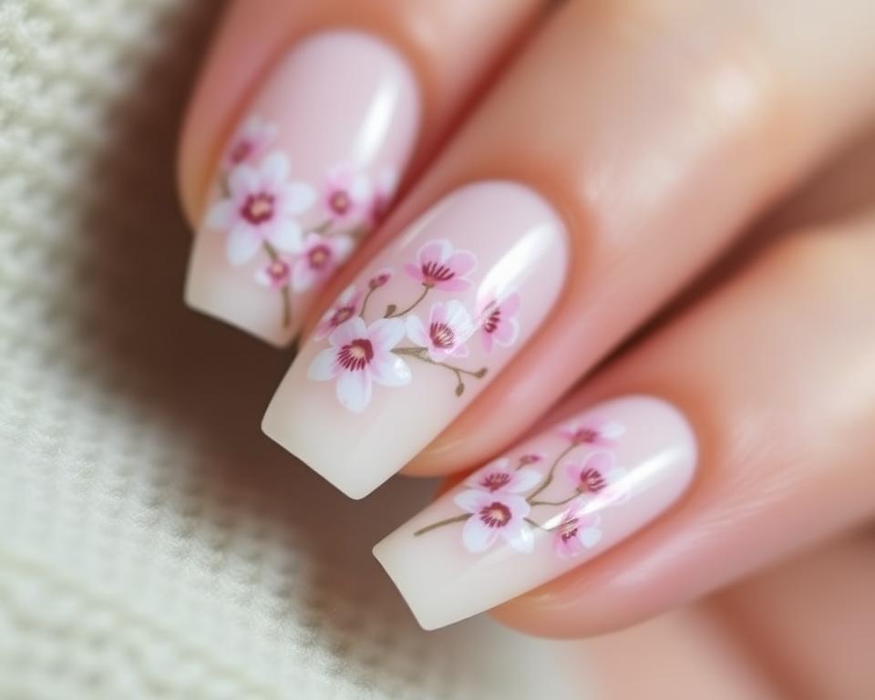 A close-up shot of perfectly manicured hybrid nails adorned with delicate, pastel-colored floral designs. The nails are glistening, with a glossy, gel-like finish that catches the soft, diffused lighting. The flowers, possibly daisies or cherry blossoms, are meticulously painted, each petal defined with precision. The nails are presented against a blurred, neutral background, allowing the intricate nail art to take center stage. The overall mood is one of elegance, sophistication, and attention to detail, perfectly capturing the essence of "Pielęgnacja i trwałość paznokci hybrydowych".