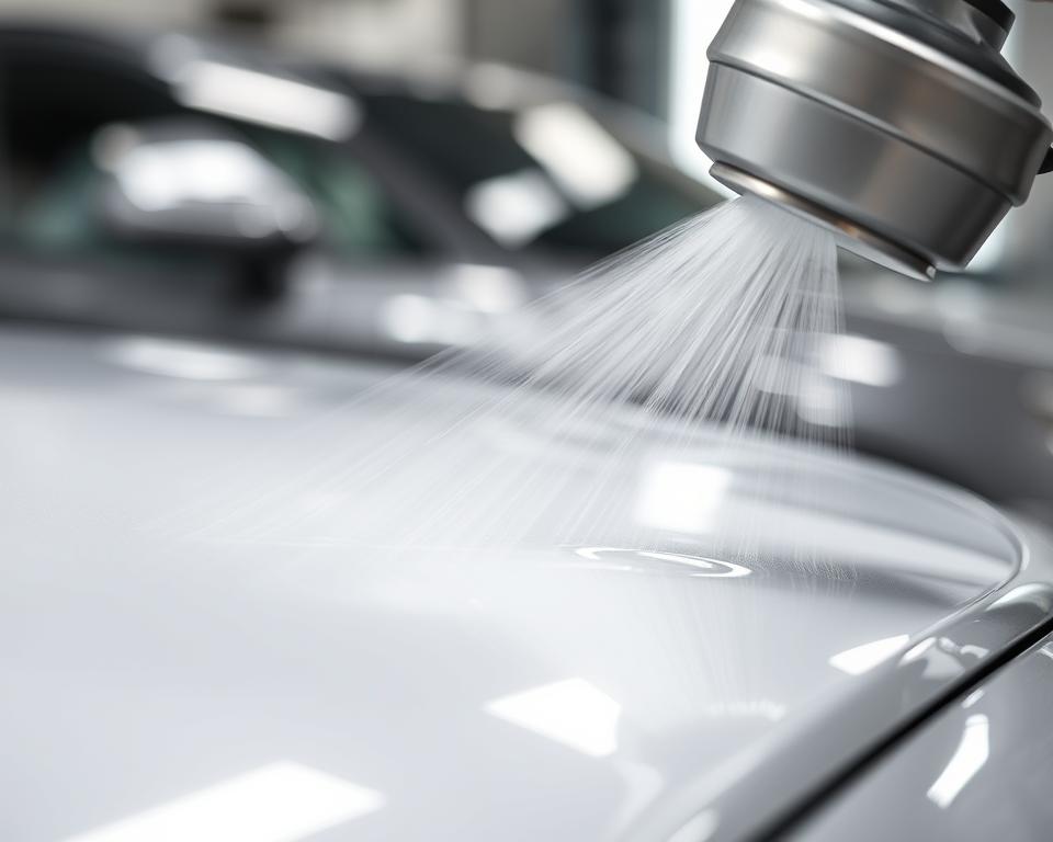 A close-up view of a car paint being sprayed with a hybrid top coat, the clear varnish glimmering under bright studio lighting. The liquid paint spreads evenly across the surface, forming a smooth, glossy finish. In the background, a metallic car body reflects the process, creating a sense of depth and precision. The scene is captured with a shallow depth of field, allowing the focal point to be the application of the hybrid top coat, illustrating the "Proces utwardzania lakieru" in a realistic, technical manner.