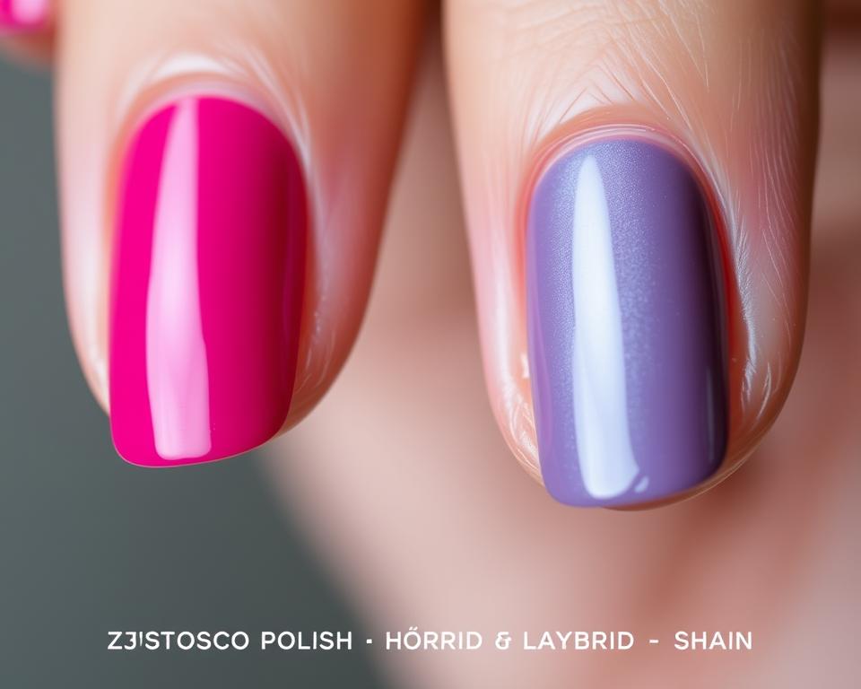 A close-up view of a hand with neatly manicured nails, showcasing the application of both regular nail polish and hybrid nail lacquer. The nails on the left display a vibrant, glossy finish from the traditional polish, while the nails on the right exhibit a sleek, durable sheen from the hybrid formula. The lighting is soft and diffused, highlighting the subtle differences in texture and shine between the two types of nail treatments. The image conveys a sense of elegance and attention to detail, complementing the section title "Zastosowanie r&oacute;żnorodnych lakier&oacute;w" (Application of Diverse Nail Lacquers).