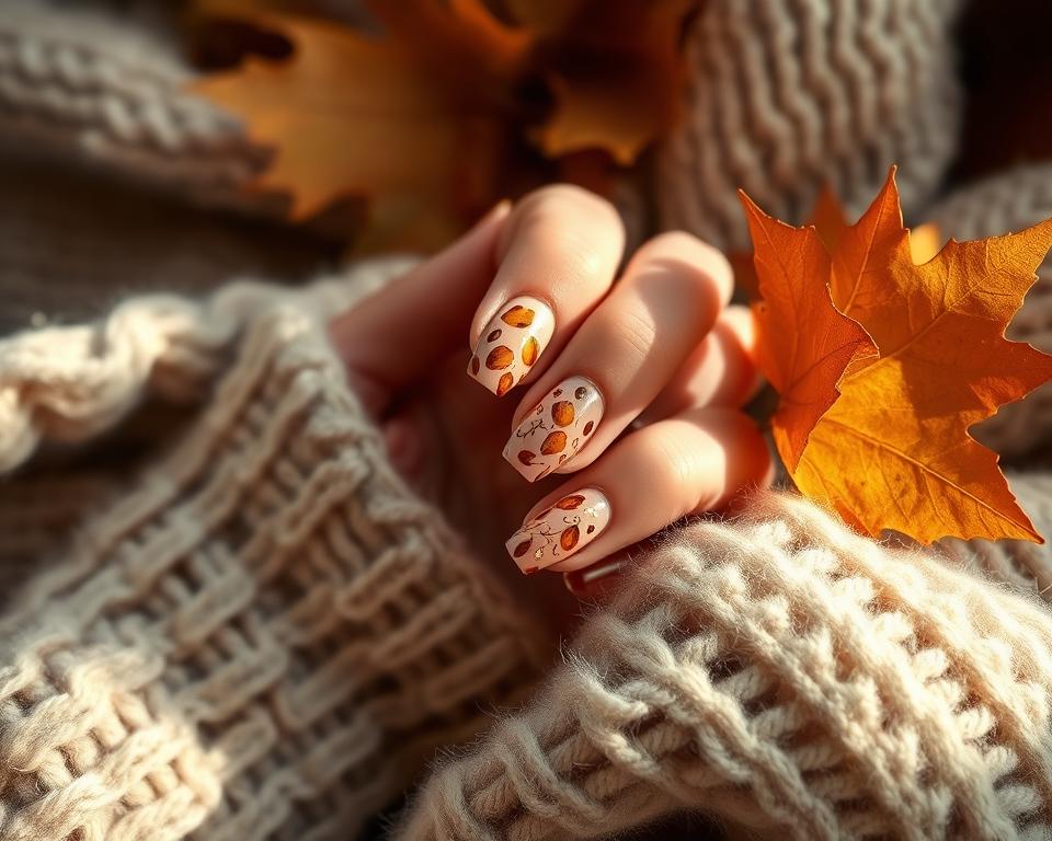 A cozy autumn scene showcasing a manicured hand with intricate hybrid nail art. The nails feature delicate patterns in shades of warm brown, orange, and gold, reminiscent of falling leaves. The hand is resting against a soft, textured background, perhaps a plush sweater or blanket, bathed in gentle, diffused lighting. The composition emphasizes the artistry and attention to detail in the manicure, capturing the essence of the "techniki manicure idealne na jesień" (Autumn manicure techniques). The image conveys a sense of comfort, coziness, and the transitional beauty of the fall season.
