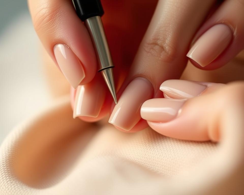A delicate and creamy manicure captured in a close-up, showcasing the intricate application technique. The nails are evenly coated in a soft, muted beige hue that exudes a subtle elegance. The lighting is gentle, casting a warm, diffused glow that highlights the smooth, satin-like texture of the nail polish. The composition emphasizes the artistry of the application, with clean lines and a meticulous attention to detail. The overall mood is one of refined sophistication, inviting the viewer to appreciate the nuances of this classic and versatile nail color.