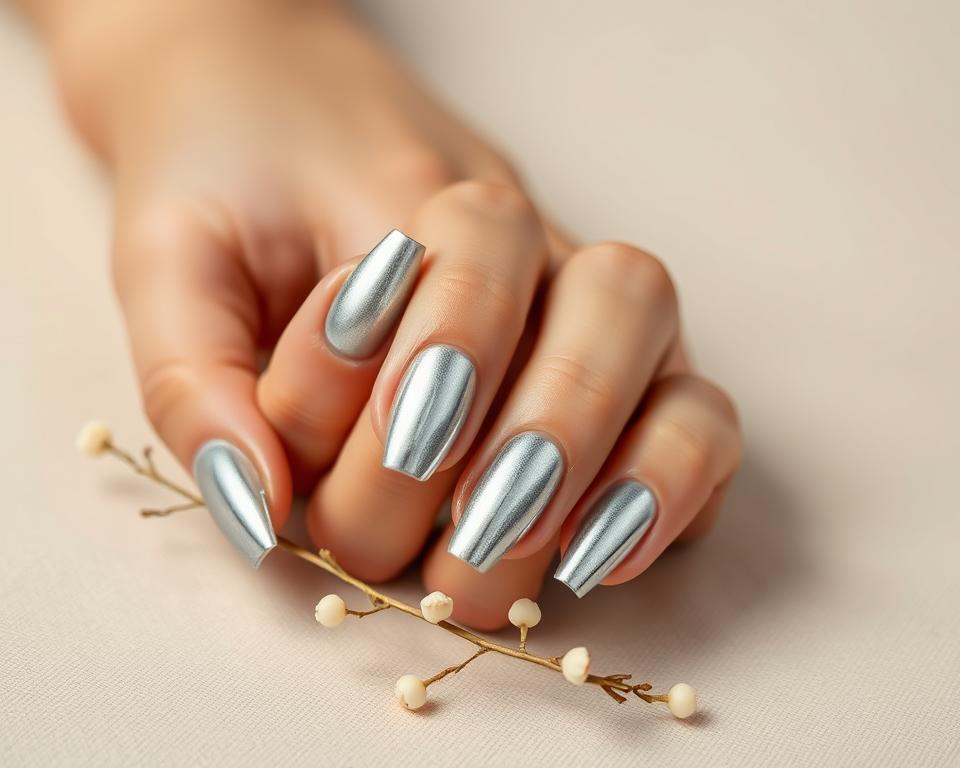 A glamorously manicured hand, nails adorned with a lustrous silver hybrid polish, resting against a soft, neutral-toned background. The nails gleam with a sophisticated, reflective sheen, catching the light and casting subtle highlights. The fingers are elegantly posed, showcasing the alluring metallic finish. Surrounding the hand, a delicate arrangement of minimal, nature-inspired elements - perhaps a sprig of leaves or a subtle floral accent - enhances the overall elegance and femininity of the scene. The lighting is soft and diffused, creating a serene, high-end ambiance that emphasizes the luxurious, salon-quality appearance of the silver hybrid manicure.