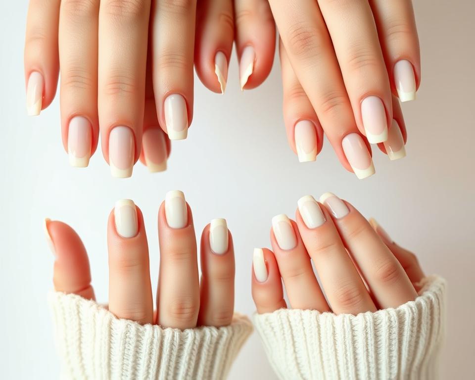 A high-key, close-up photograph of elegant cream-colored fingernails in various stylized manicures, including French tips, subtle glitter, and minimalist designs. The nails are beautifully groomed, with a soft, pearlescent finish that catches the light, creating a warm, radiant glow. The hands are positioned gracefully, showcasing the nails from multiple angles to highlight their versatility for different occasions. The background is clean and uniform, allowing the nails to be the primary focus, conveying a sense of timeless sophistication and refined taste.