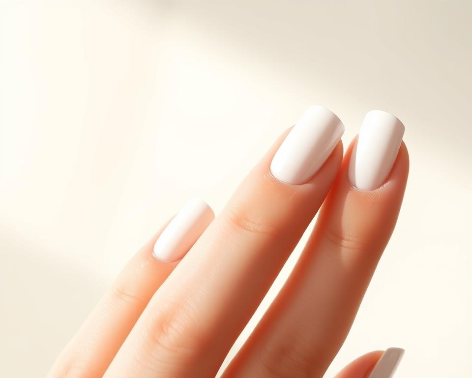 A pristine white manicure against a soft, diffused backdrop. In the foreground, delicate nail tips adorned with a sleek, hybrid polish that catches the light with a mesmerizing shimmer. The middle ground showcases the careful application techniques - precise lines, seamless blending, and a flawless finish. In the background, a minimalist, studio-like setting emphasizes the focus on the nails. Warm, natural lighting casts a gentle glow, highlighting the clean, modern aesthetic. This image embodies the essence of a sophisticated, white-on-white nail art technique, ready to inspire and inform the reader's exploration of the subject.