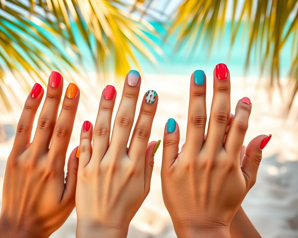 A vibrant summer beach scene with a close-up of several perfectly manicured hands showcasing a variety of trendy nail polish colors. The nails are shaped and painted in the latest fashion, featuring a mix of solid hues, ombre gradients, and intricate nail art designs. The hands are placed against a backdrop of soft, blurred tropical foliage and sand, creating a serene, sun-drenched atmosphere. Warm, diffused lighting emphasizes the glossy, vibrant nail polish shades, which range from bright coral and turquoise to subtle pastels and metallic accents. The overall composition highlights the popularity and diversity of fashionable nail styles for the summer vacation season. A vibrant summer beach scene with a close-up of several perfectly manicured hands showcasing a variety of trendy nail polish colors. The nails are shaped and painted in the latest fashion, featuring a mix of solid hues, ombre gradients, and intricate nail art designs. The hands are placed against a backdrop of soft, blurred tropical foliage and sand, creating a serene, sun-drenched atmosphere. Warm, diffused lighting emphasizes the glossy, vibrant nail polish shades, which range from bright coral and turquoise to subtle pastels and metallic accents. The overall composition highlights the popularity and diversity of fashionable nail styles for the summer vacation season.