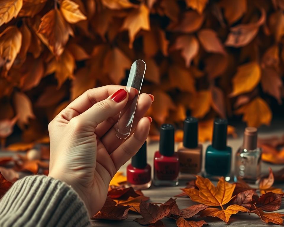 A warm, autumnal still life showcasing the essentials of nail care. In the foreground, a woman's well-manicured hands delicately hold a glass nail file, its smooth curves reflecting the soft lighting. Surrounding them, an array of nail polishes in rich, earthy tones - burnt orange, deep crimson, forest green - arranged artfully. In the background, a lush, textured backdrop of falling leaves in shades of ochre and sienna, hinting at the seasonal transition. The overall mood is one of tranquility and care, inviting the viewer to take a moment to nourish and nurture their nails as the weather turns cool.