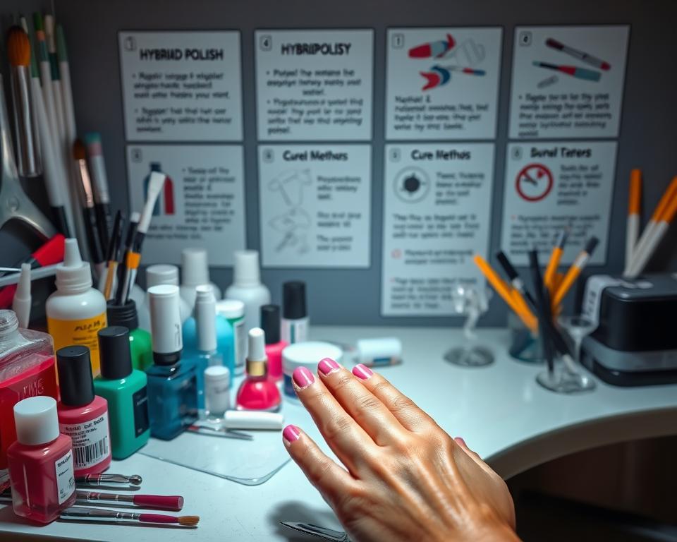A well-lit and neatly organized workbench filled with various hybrid nail polish bottles, brushes, and tools. In the foreground, a hand carefully applying a top coat to a freshly painted set of nails, the glossy finish catching the light. The background features informative infographics on hybrid nail polish safety, including proper application techniques and curing methods. The overall scene conveys a sense of professionalism and attention to detail, emphasizing the importance of responsible hybrid nail polish usage.