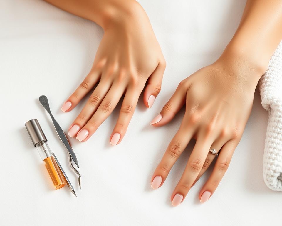 A well-lit, close-up shot of a woman's hands and forearms resting on a clean, white surface. Her nails are in various stages of manicure preparation - some filed, others buffed, a small collection of nail care tools and products arranged neatly nearby. The lighting is soft and diffused, creating a calming, spa-like atmosphere. The woman's skin is smooth and her hands are relaxed, conveying a sense of focused attention and self-care. The overall composition is balanced and visually appealing, inviting the viewer to imagine themselves in the midst of a soothing manicure ritual.