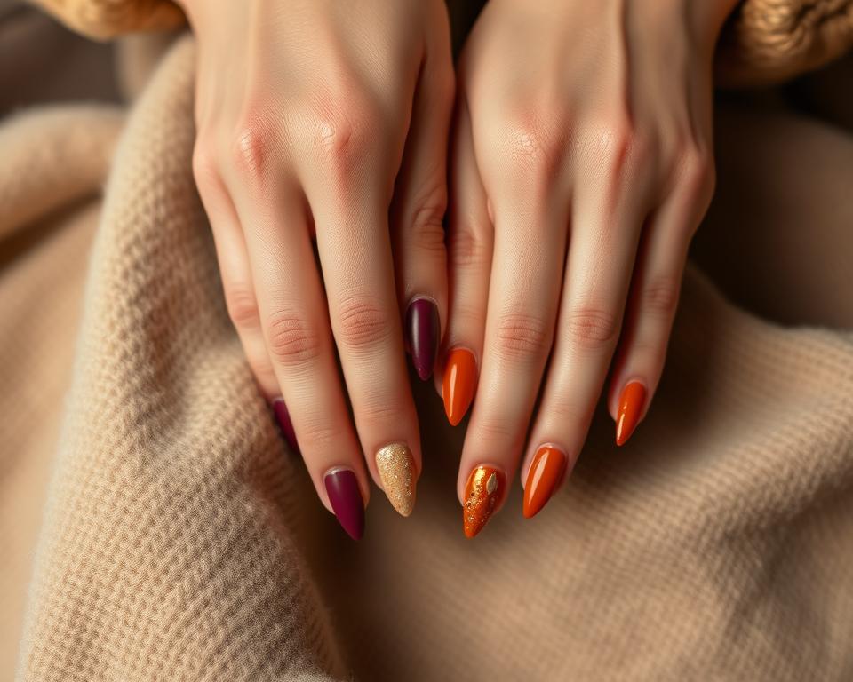 Autumn-inspired manicure techniques on slender, elegantly-posed hands against a muted, cozy background. Delicate nail art in warm, earthy tones - deep burgundies, golden ochres, and rich cinnamon hues. Textural details like matte finishes, metallic flecks, and feathered accents create an artful, tactile composition. Soft, diffused lighting casts gentle shadows, highlighting the graceful curves and angles of the hands. The overall mood is one of autumnal elegance, inviting the viewer to imagine cooler days and the subtle pleasures of the changing seasons.