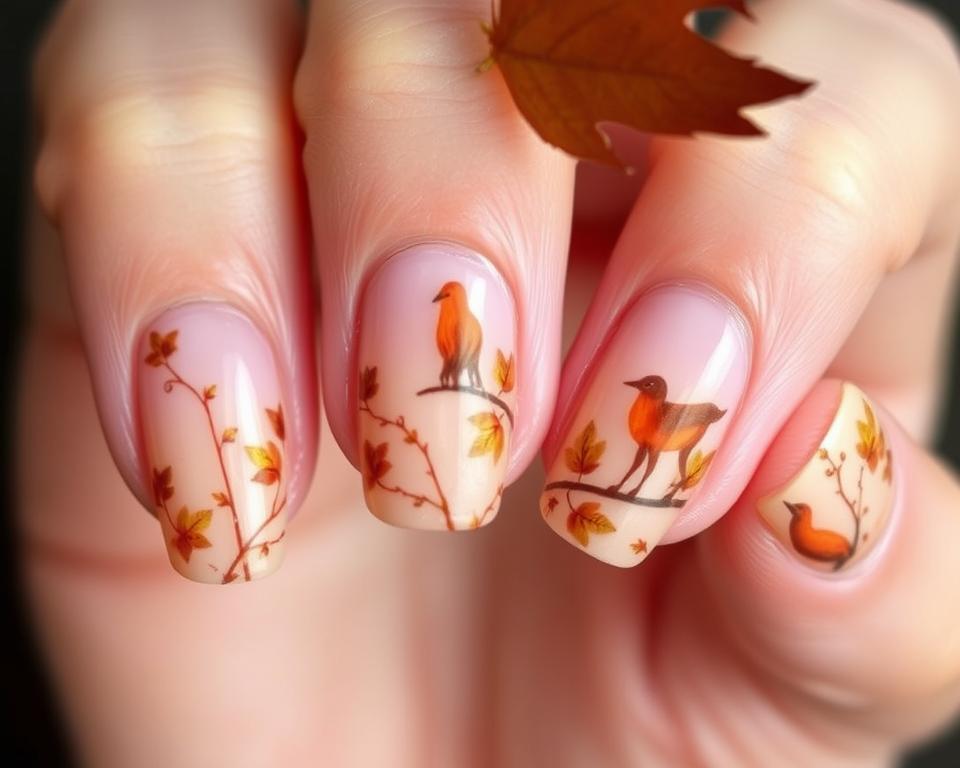 Autumn-inspired nail art with captivating animal motifs. Delicate, intricate patterns adorn the nails, capturing the essence of the season. Warm, earthy tones blend seamlessly, creating a harmonious and visually striking design. Subtle details, such as leaves, feathers, or small wildlife silhouettes, add depth and interest. The nails are presented in a flattering, natural lighting that highlights the intricate textures and colors. An elegant and sophisticated aesthetic that perfectly encapsulates the beauty of the autumn season.