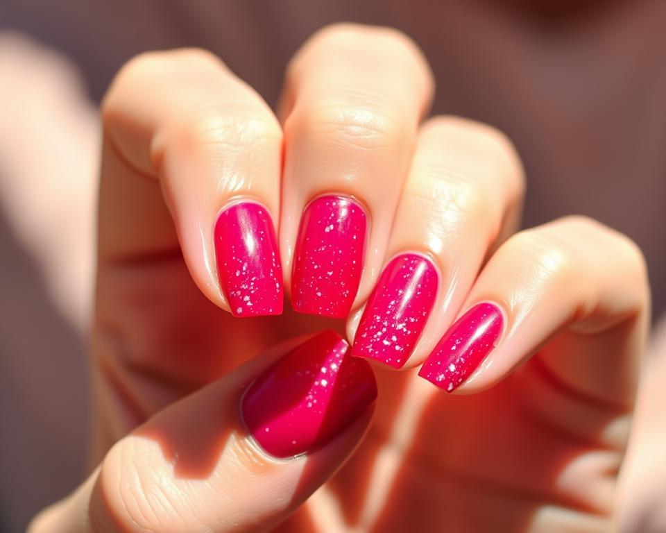 Delicate manicured fingernails in a vibrant raspberry hue, adorned with a sprinkling of luminous glitter. The nails are neatly shaped, with a subtle shine and healthy shine. Soft natural lighting casts a warm, flattering glow, highlighting the dimensional texture of the bejeweled polish. The hands are positioned gracefully, fingers slightly spread, conveying a sense of care and attention to detail. The background is blurred, allowing the mesmerizing nails to take center stage. This image captures the essence of elegant, polished nails in a captivating raspberry shade, ready to inspire and delight.