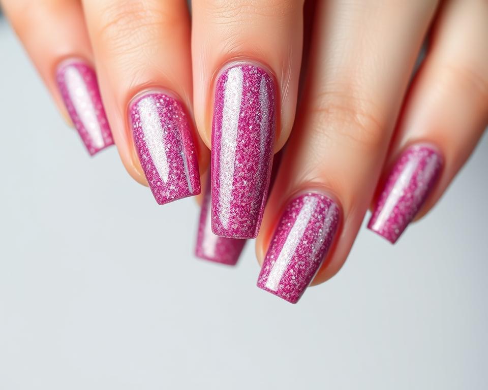 Elegant raspberry-colored manicured nails with a shimmering holographic glitter overlay, captured in a soft, flattering studio lighting. The nails are arranged in a visually striking, symmetrical composition, showcasing the luxurious brocade-like texture of the glitter. The focus is on the nails, with a simple, clean background that allows the nails to take center stage. The overall mood is one of sophisticated style and glamour, perfectly suited to inspire creative nail art ideas.