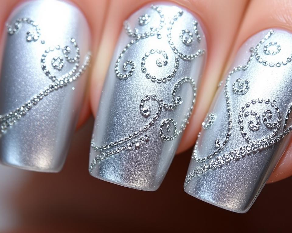 Silver nail patterns with glitter. Detailed close-up view of manicured nails showcasing intricate silver designs with shimmering glitter accents. Smooth, lustrous silver polish forms the base, with delicate patterns and swirls of finely milled silver glitter artfully layered on top, creating a captivating, high-shine effect. Soft, even lighting casts a subtle glow, highlighting the dimensional textures and radiant finish. Captured at a slight angle to emphasize the elegant, three-dimensional quality of the metallic embellishments. The overall mood is sophisticated, glamorous, and visually captivating.