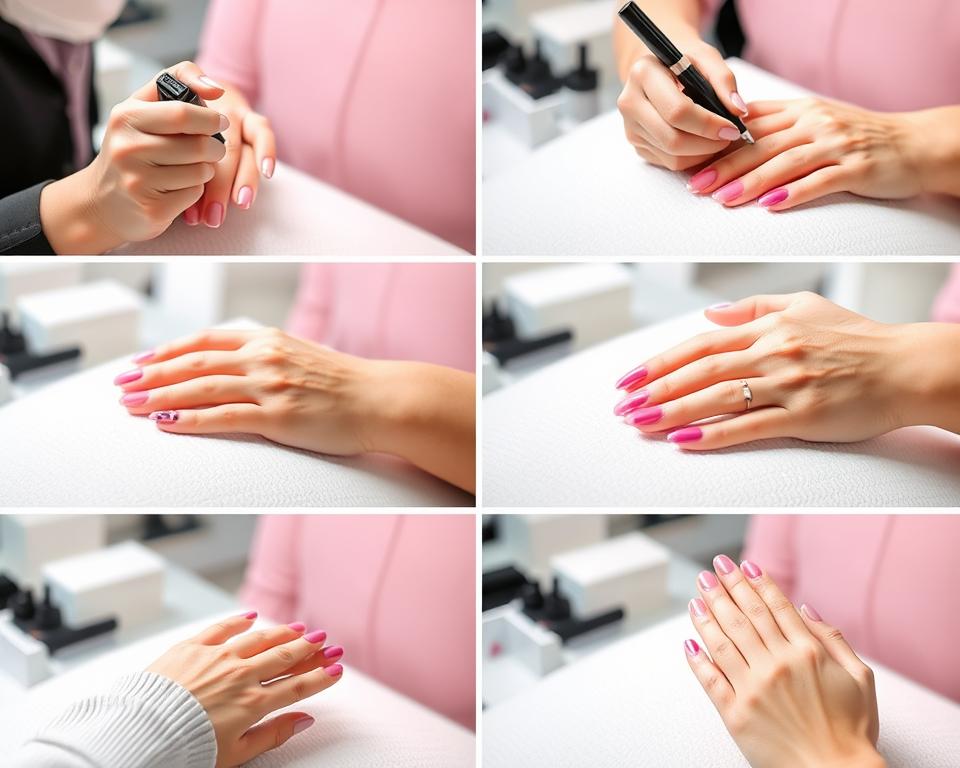 Step-by-step process of a combined manicure, featuring a woman's hands receiving a professional nail treatment in a bright, well-lit salon. Close-up view showcases the technician applying nail polish in various stages, from base coat to topcoat, with meticulous attention to detail. Soft, diffused lighting illuminates the hands, highlighting the vibrant colors and smooth, glossy finish. The composition emphasizes the delicate, intricate nature of the combined manicure procedure.
