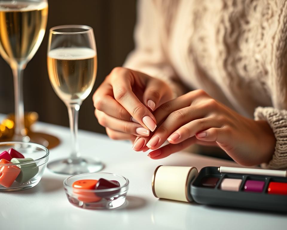A beautifully lit close-up of a woman's hands carefully preparing her nails for a New Year's Eve manicure. The nails are neatly filed, the cuticles gently pushed back, and a nail buffer smooths the surface to a perfect shine. A glass of champagne and a bowl of nail polish colors sit nearby, setting the festive mood. Soft, even lighting casts a warm, flattering glow, highlighting the intricate details of the nail preparation process. The composition frames the hands and nails centrally, with a slightly blurred background suggesting an elegant, refined setting suitable for a special occasion.