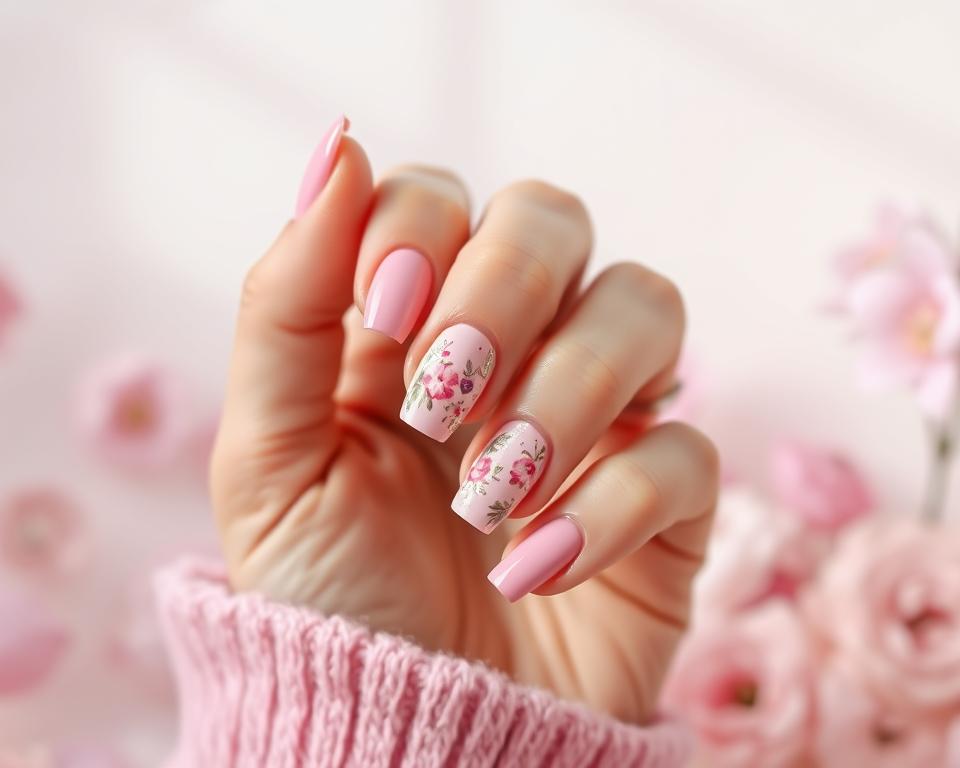 A beautifully manicured hand with neatly painted pink nails, showcasing a variety of intricate nail art designs. The nails feature delicate floral patterns, shimmering accents, and a soft gradient effect transitioning from light to deep pink hues. The hand is captured in a natural, slightly angled lighting that accentuates the texture and depth of the nail designs. The background is a serene, pastel-toned environment, creating a calming and inspirational atmosphere. The overall composition evokes a sense of femininity, elegance, and creativity, perfectly capturing the essence of the "Rodzaje Różowych Paznokci" section. A beautifully manicured hand with neatly painted pink nails, showcasing a variety of intricate nail art designs. The nails feature delicate floral patterns, shimmering accents, and a soft gradient effect transitioning from light to deep pink hues. The hand is captured in a natural, slightly angled lighting that accentuates the texture and depth of the nail designs. The background is a serene, pastel-toned environment, creating a calming and inspirational atmosphere. The overall composition evokes a sense of femininity, elegance, and creativity, perfectly capturing the essence of the "Rodzaje Różowych Paznokci" section.