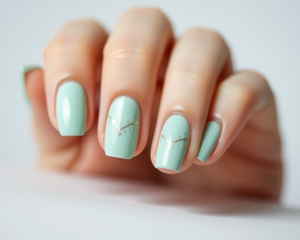 A close-up of elegantly manicured mint-colored nails, the surface adorned with intricate nail art designs. The nails are neatly shaped and polished to a lustrous sheen, reflecting the soft, diffused lighting that bathes the scene. The foreground is in sharp focus, highlighting the delicate details of the nail art - intricate patterns, geometric shapes, and subtle gradients that blend seamlessly across the nail bed. The middle ground is slightly blurred, creating a sense of depth and drawing the viewer's eye to the exquisite nail art. The background is out of focus, providing a neutral, clean backdrop that allows the mint-colored nails to take center stage. The overall composition conveys a sense of refined sophistication and artistic expression. A close-up of elegantly manicured mint-colored nails, the surface adorned with intricate nail art designs. The nails are neatly shaped and polished to a lustrous sheen, reflecting the soft, diffused lighting that bathes the scene. The foreground is in sharp focus, highlighting the delicate details of the nail art - intricate patterns, geometric shapes, and subtle gradients that blend seamlessly across the nail bed. The middle ground is slightly blurred, creating a sense of depth and drawing the viewer's eye to the exquisite nail art. The background is out of focus, providing a neutral, clean backdrop that allows the mint-colored nails to take center stage. The overall composition conveys a sense of refined sophistication and artistic expression.