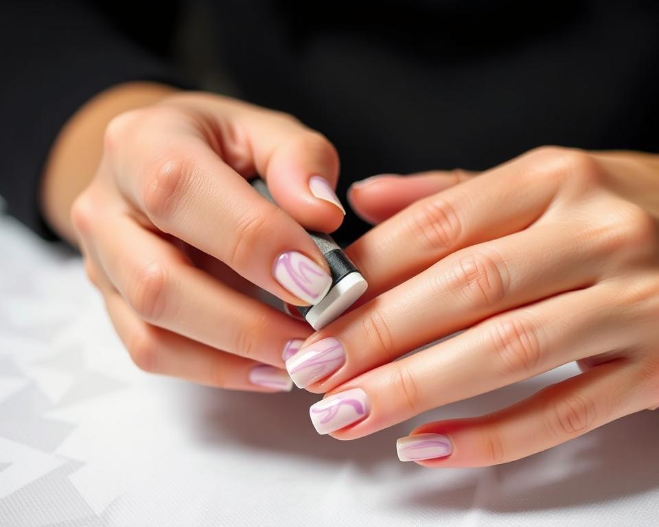 A close-up shot of a woman's hands meticulously preparing her nails for a hybrid marble manicure. The nails are freshly filed, buffed, and degreased, ready for the application of a UV-cured hybrid base coat. Bright, even lighting illuminates the intricate details as the fingers gently grasp a nail buffer, smoothing the surface in preparation for the marble pattern. The background is blurred, allowing the hands and nails to be the sole focus, conveying a sense of professionalism and attention to detail. The overall atmosphere is one of precision and care, perfectly capturing the essence of the section title "How to Prepare Nails for Styling?".
