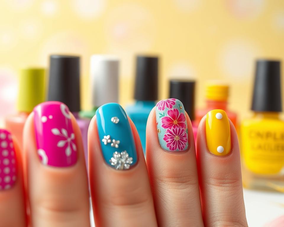 A closeup view of colorful, artfully decorated summer nails against a bright, cheerful backdrop. In the foreground, intricate nail designs in vibrant hues of pink, blue, and yellow, featuring delicate floral patterns, shimmering glitter, and playful polka dots. The middle ground showcases a selection of nail polish bottles in a range of summery shades, while the background blends soft, pastel tones for a serene, sun-kissed atmosphere. Captured with a macro lens, the image highlights the intricate textures and attention to detail in the nail art, conveying a sense of creativity, joy, and the spirit of the summer season.