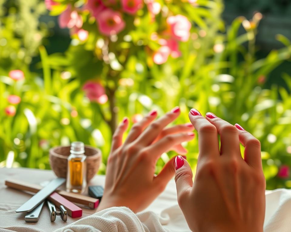 A cozy summer day, sun-drenched nails against a lush, verdant background. In the foreground, a woman's hands delicately tending to her well-manicured nails, applying a shimmering, vibrant polish. The lighting is soft and diffused, creating a warm, inviting atmosphere. In the middle ground, a selection of nail care tools - emery boards, cuticle trimmers, and a small bottle of cuticle oil - arranged neatly. The background features a lush, verdant garden, with swaying leaves and petals catching the gentle breeze. The scene evokes a sense of relaxation, self-care, and the joys of the summer season.